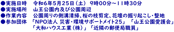 ●実施日時 令和6年5月25日(土) 9時00分~11時30分 ●実施場所 山王公園内及び公園周辺 ●作業内容 公園周りの側溝清掃、桜の枝剪定、花壇の掘り起こし・整地 ●参加団体 「NPO法人 災害・環境サポートメイト25」 「山王公園愛護会」 「大和ハウス工業(株)」 「近隣の郵便局職員」